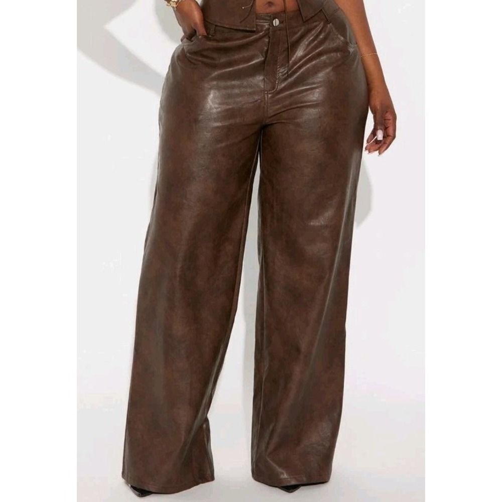 Women's High Waisted Faux Leather Wide Leg Pants 1X Brown